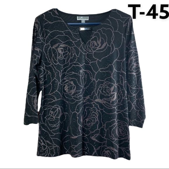 JM Collection Sz S Black Floral Top NWT - Picture 1 of 4